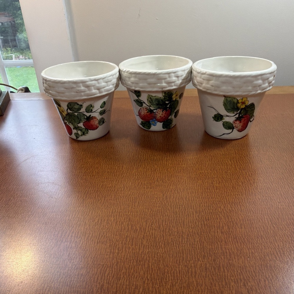 Set Of 3 Strawberry Basket Style Plant Pots 4" Basket Weave Rim - Picture 13 of 13
